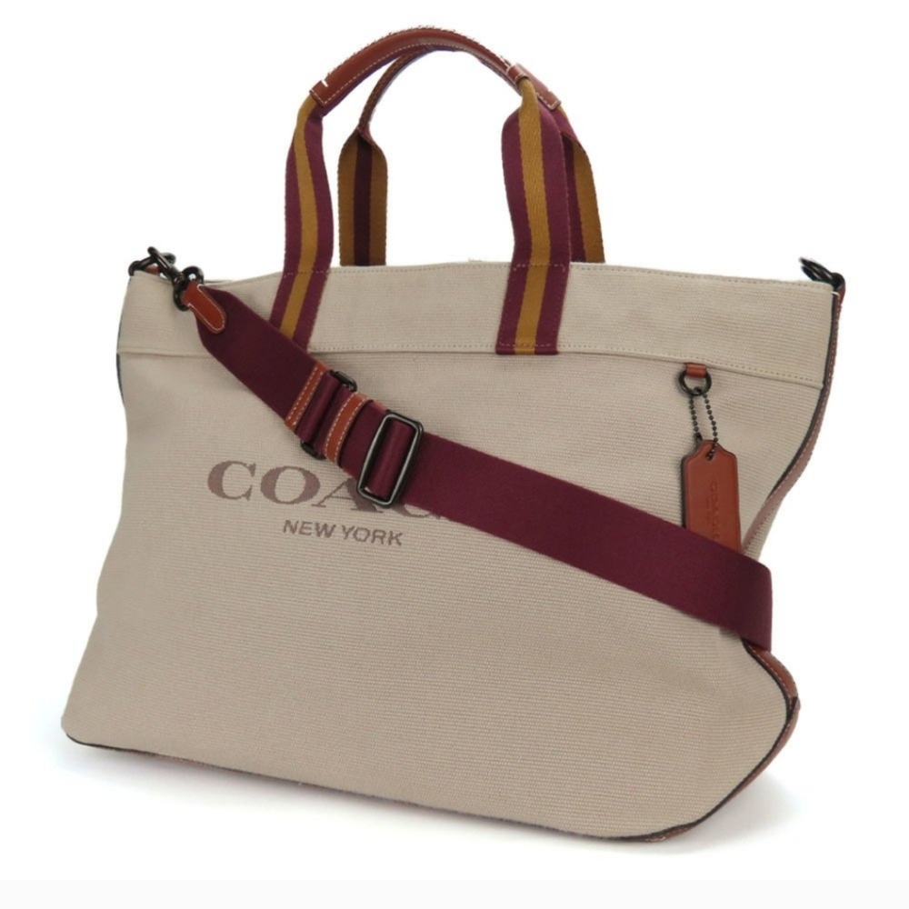 COACH Canvas and Leather Dark Beige Large Tote Bag with Burgundy Shoulder Strap - Picture 2 of 11